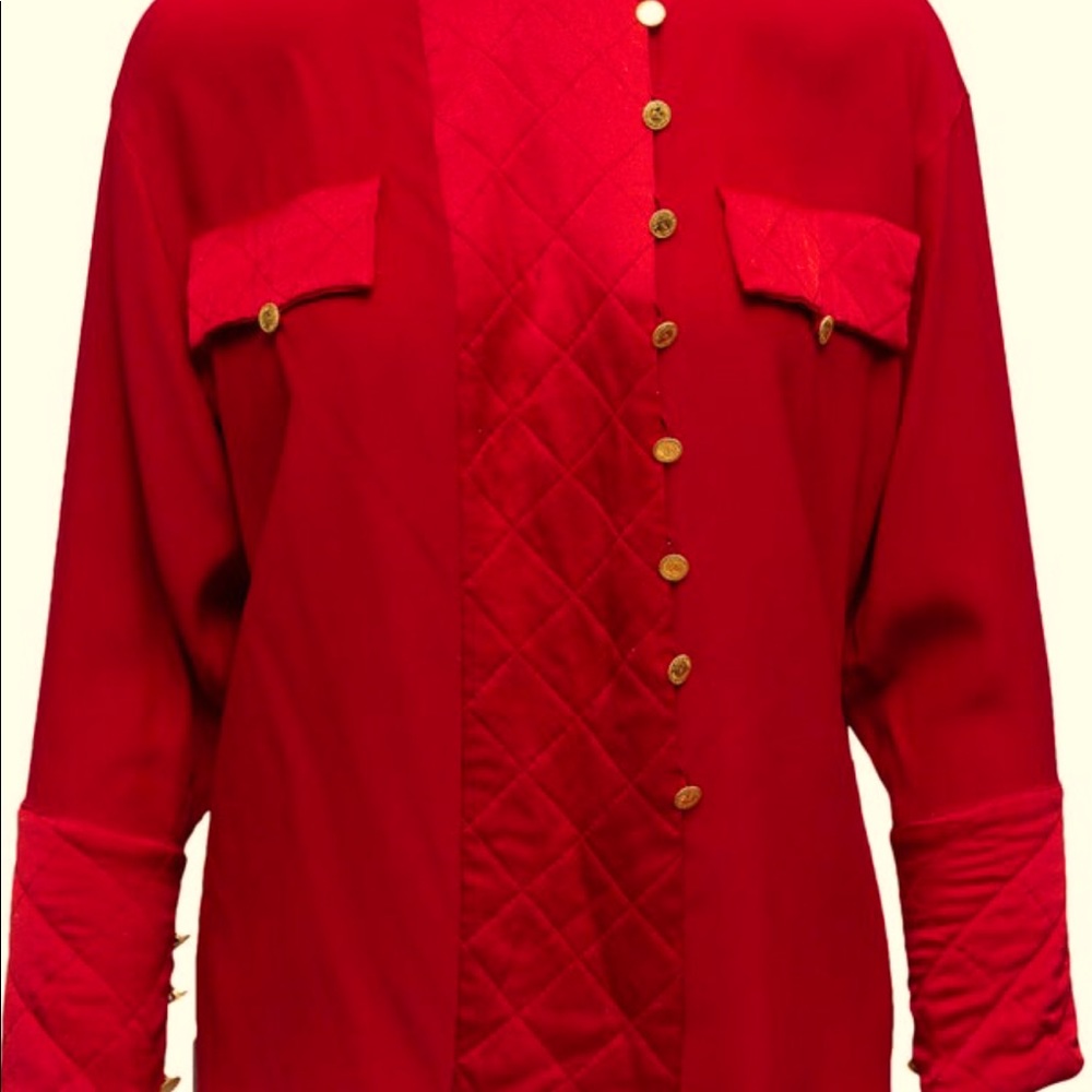 Chanel Red Vintage Silk blouse with gold buttons.